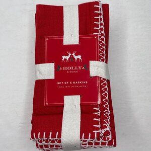 Holly & Moss Red Holiday Napkins Set Of 6 18"x18" Cotton Polyester White Borders